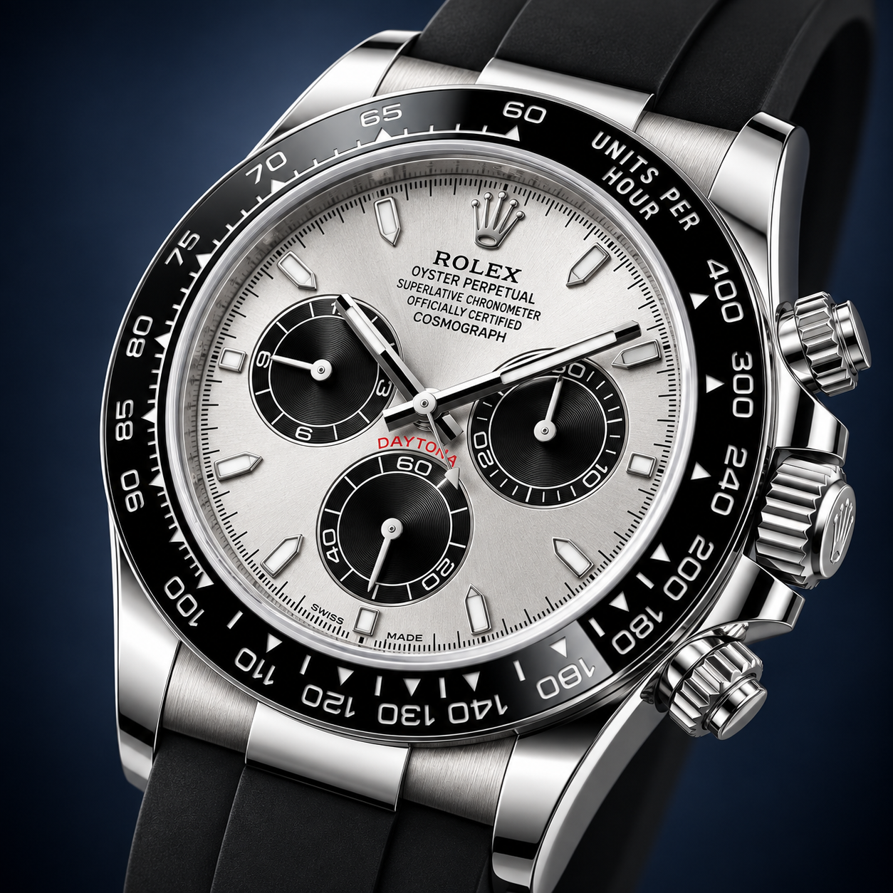 Editorial image of a silver-dial Rolex Daytona on a black strap