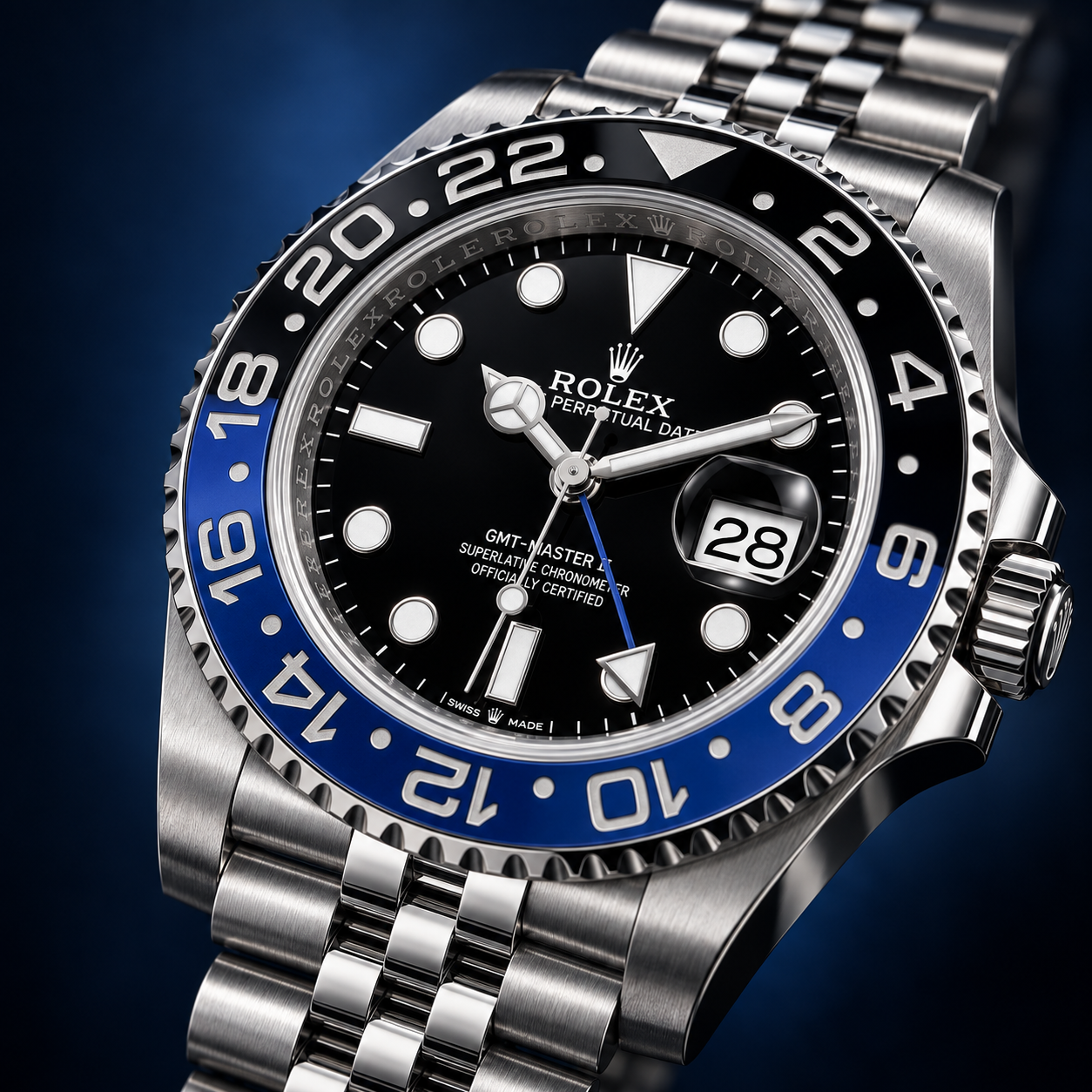 Editorial image of a Rolex GMT-Master II with a blue and black bezel