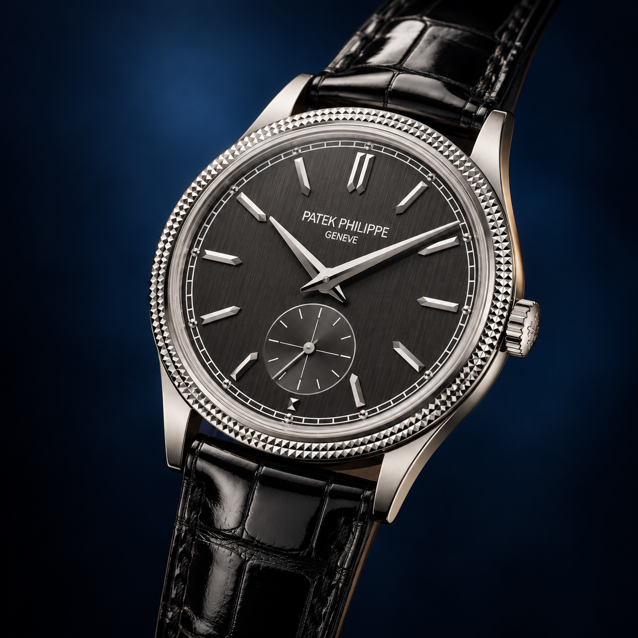 Editorial image of a dark-dial Patek Philippe watch on a black strap