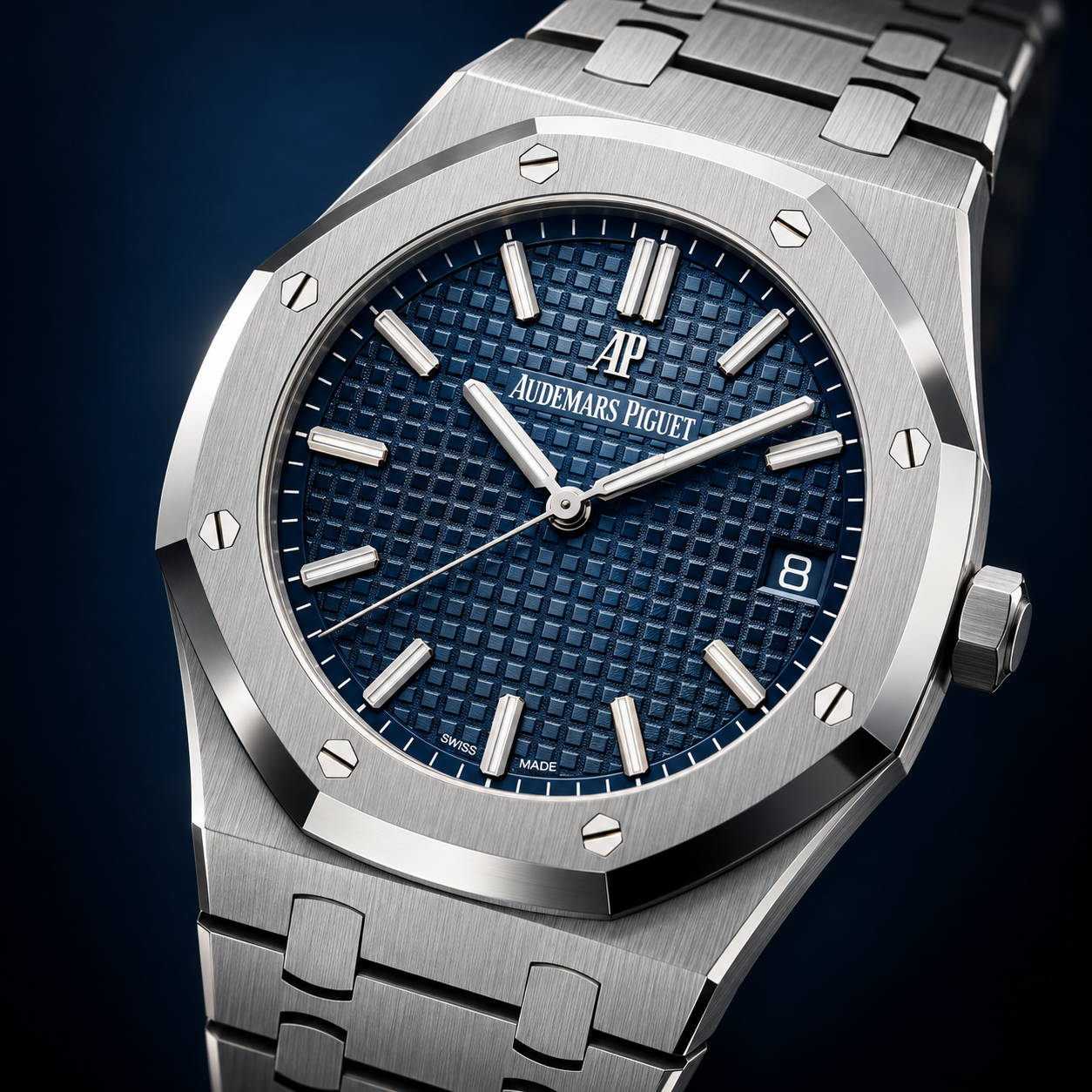 Editorial image of a blue-dial Audemars Piguet Royal Oak