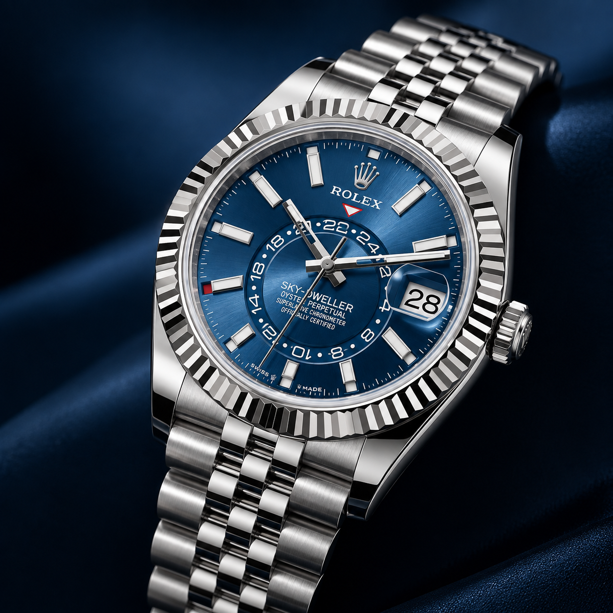 Editorial image of a blue-dial Rolex Sky-Dweller