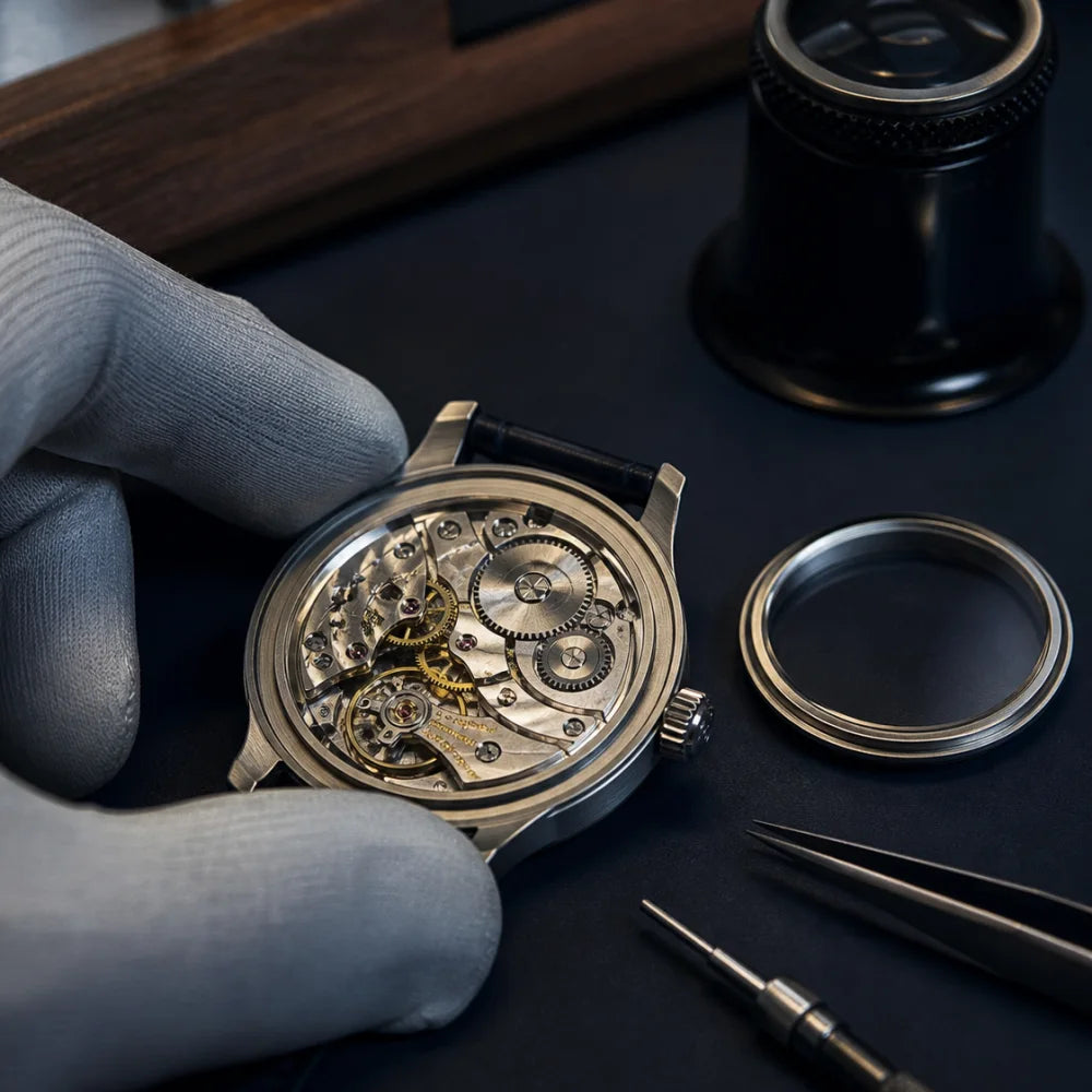 Illustrative view of an open mechanical watch being examined at a watchmaker's bench